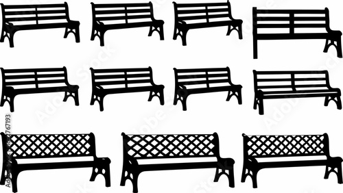 A collection of nine black benches with varying designs arranged in a three by three grid pattern silhouette
