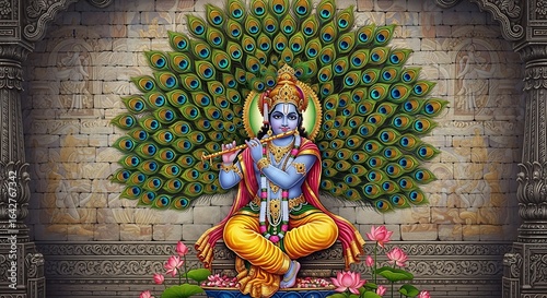 Lord Krishna playing flute with peacock feathers and lotus flowers hindu deity devotional image background for spiritual concepts
