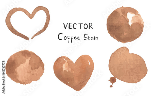 Vintage Watercolor Coffee Stain and Splash Vector for Menu Template. Circle and heart shape coffee stain.