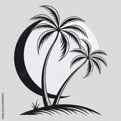 Black palm trees against a crescent moon and pale circle silhouette