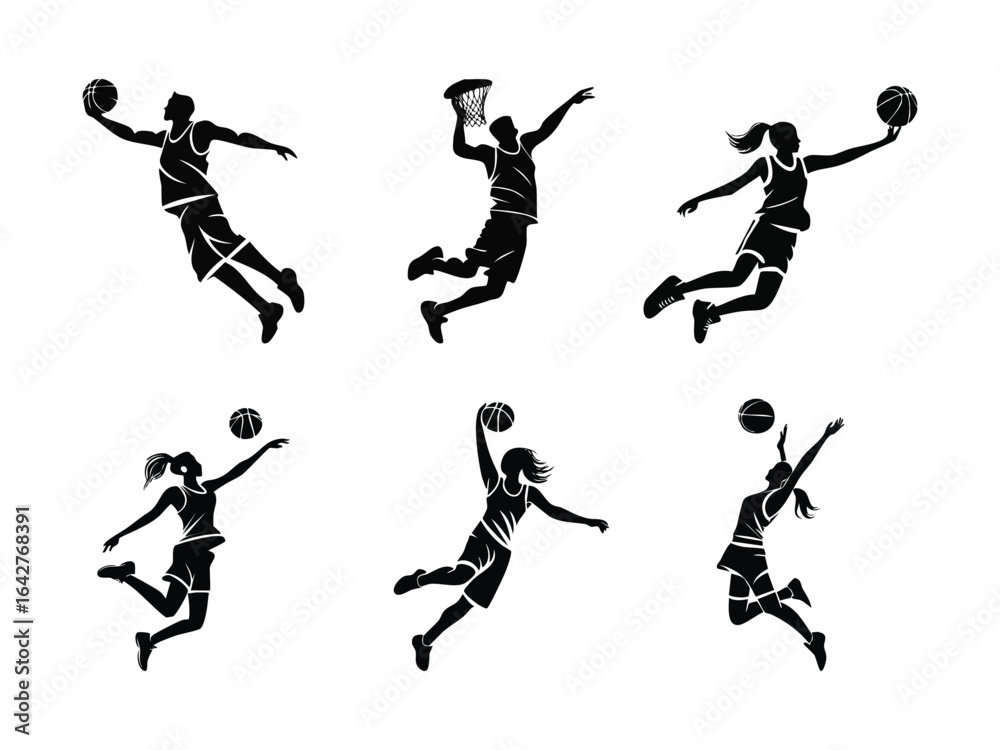 Obraz premium Silhouette of a basketball youth and energetic player mid air performing a slam dunk minimalist outline