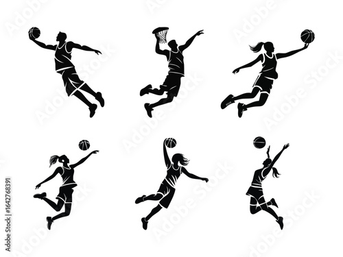 Silhouette of a basketball youth and energetic player mid air performing a slam dunk minimalist outline