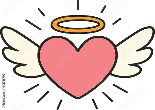 Joyful Angelic Heart – Pink Heart with White Wings, Yellow Halo, and Radiating Lines, Symbolizing Lighthearted Love, Emotional Purity, and the Gentle Glow of Divine Affection
