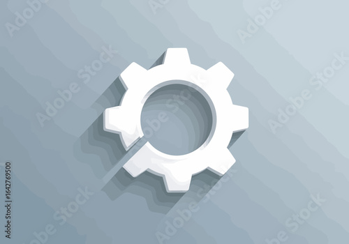 A white gear icon with a stylized opening on a gradient gray background, casting a long shadow.