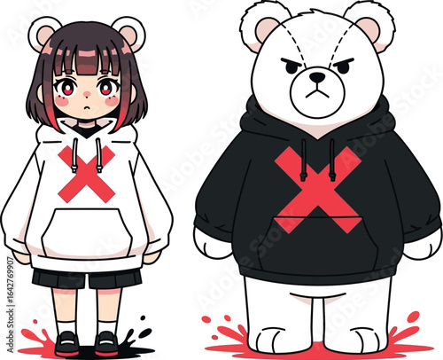 Cute bear girl and bear in hoodies anime vector illustration