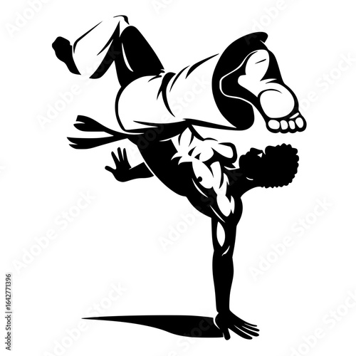 A dynamic vector graphic of a person performing a high kick and a handstand, showcasing the fluid movements of capoeira, an Afro-Brazilian martial art blending dance, acrobatics, and music. 