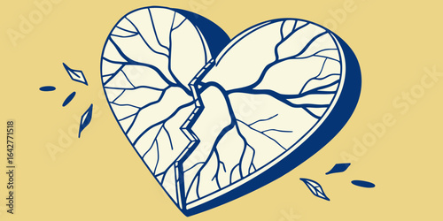 Cracked blue glass heart symbolising heartbreak vector illustration on yellow backdrop.