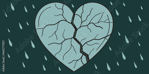 Cracked blue glass heart symbolising heartbreak vector illustration on dark green backdrop.