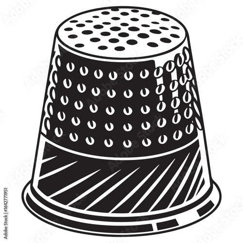 Classic metal thimble with dimpled surface and striped base shown in a stark black and white silhouette style for sewing and crafting
