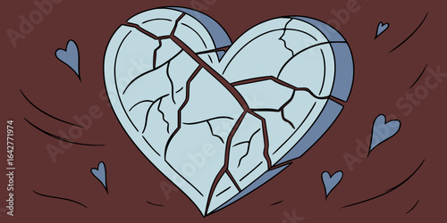 Cracked blue glass heart symbolising heartbreak vector illustration on dark red backdrop.