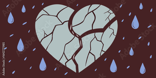 Cracked blue glass heart symbolising heartbreak vector illustration on dark red backdrop.