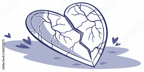 Cracked blue glass heart symbolising heartbreak vector illustration on isolated  backdrop.