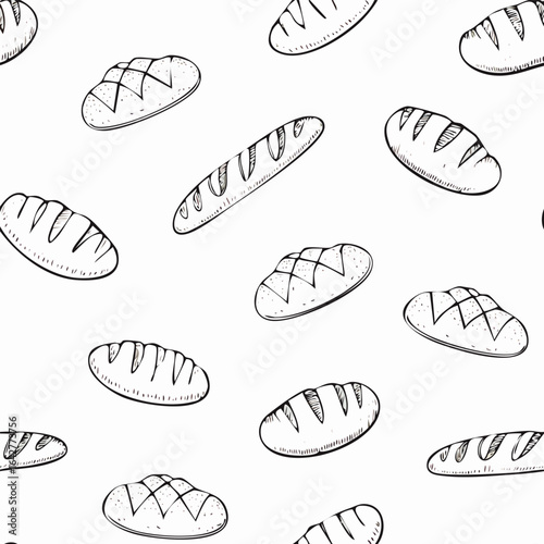 Hand-Drawn Bread Pattern Vector – Line Art Style with Croissants, Baguettes, and Pastries