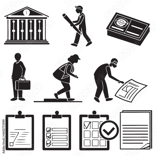Collection of business and finance related icons in a stark black and white silhouette style including a courthouse building people working and various document and checklist elements silhouette