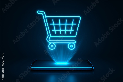 Futuristic glowing shopping cart icon on a dark blue digital background
