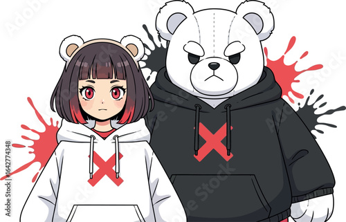 Anime girl and bear in hoodies cute cartoon vector art style