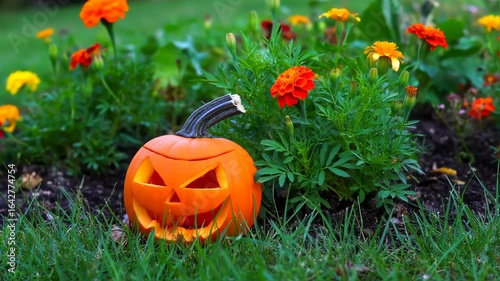 Carved pumpkin in a garden bed with colorful flowers