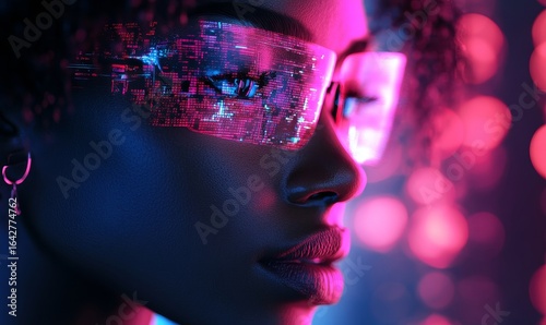 AI cybersecurity concept. Black female IT computer specialist analysing artificial intelligence cyber threats. The image depicts an African American software developer using AR, Generative AI