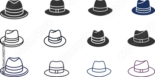 Twelve Stylish Fedora Hat Icons:  Solid, Outline, and Color Variations for Web Design