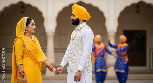 A sikh couple holding hands with dancers in the background at a wedding celebration outdoors in india