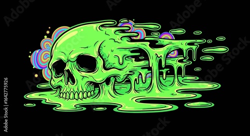 Neon green melting skull with psychedelic swirls on black. Bold graphic style. Toxicity, danger and subculture concept. Halloween merch, music covers, streetwear prints, party posters, edgy
