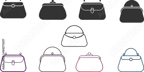 Classic Handbag Icons:  Elegant Line Art and Solid Silhouette Set for Fashion Design.