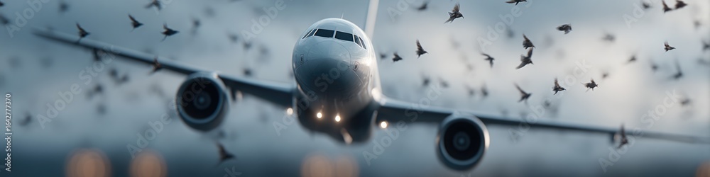 Fototapeta premium Airplane soaring through turbulent skies, surrounded by dark, sw