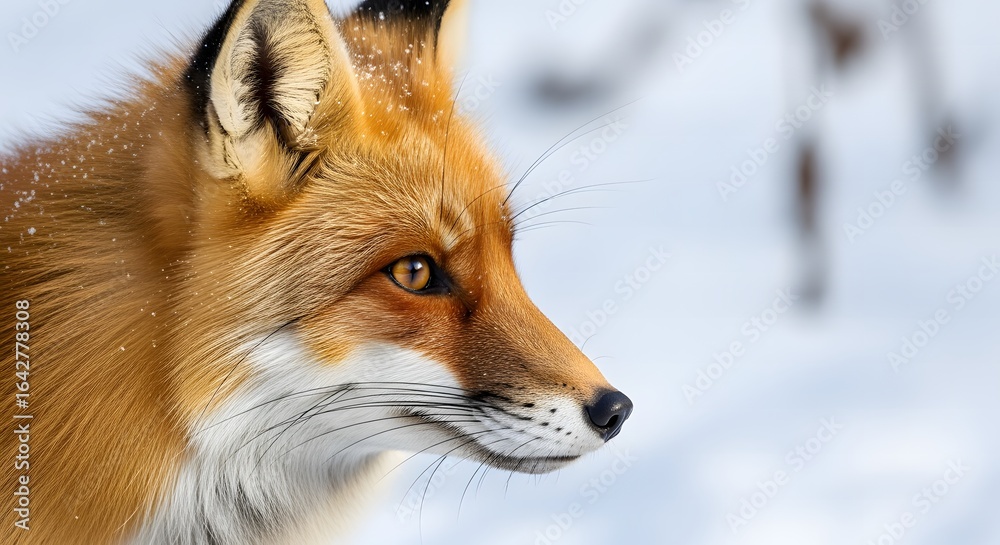Fototapeta premium Red fox profile, winter scene, alert gaze, snowy background.