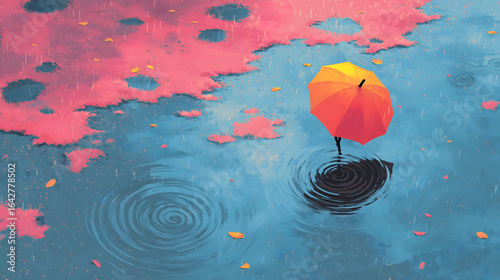 Abstract red and blue watercolor brush strokes illustrate a floral lotus leaf on a calm lake, evoking a feeling of love and nature