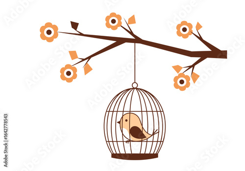 A small bird sits peacefully inside an ornate cage hanging from a tree branch decorated with flowers