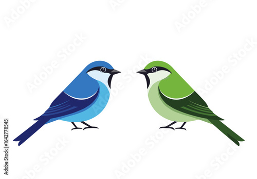Two colorful songbirds perched side by side facing each other with bright plumage