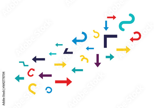 Diverse abstract arrow shapes and curvy elements in various colors create dynamic movement and directional flow