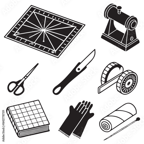Collection of sewing and crafting tools including scissors a cutting mat a craft knife gloves a measuring tape a pincushion and a sewing machine silhouette