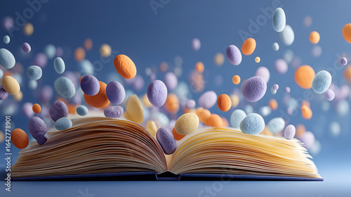 An open book with a lot of light shines on a blue background with copy space