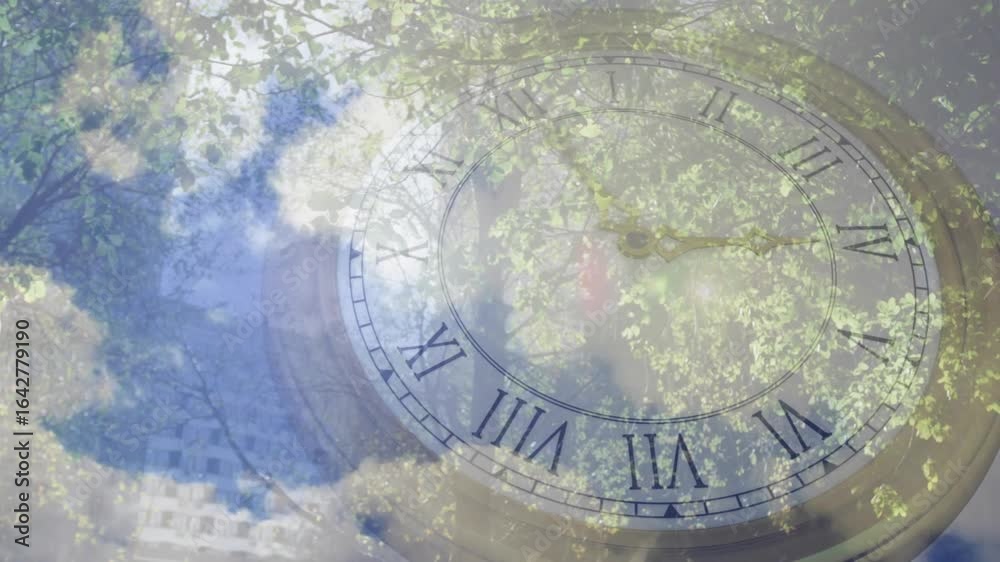 Fade-out starting Roman clock fading over canopy and building, revealing view amid drifting clouds Fade-out starting Roman clock fading over canopy and building, revealing view amid drifting clouds