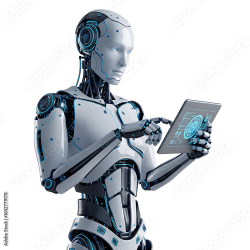 Advanced humanoid robot interacts with futuristic holographic interface on tablet, showcasing AI innovation