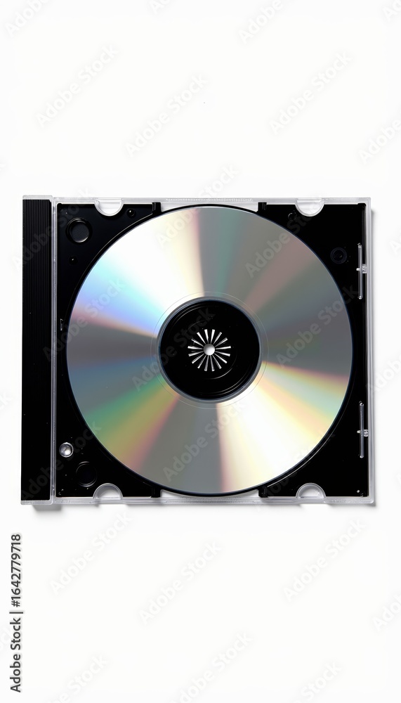 Obraz premium A Reflective CD Disc in Its Case Showcasing Modern Technology and Classic Media Formats in a Minimalist Style with a Radiant Shine