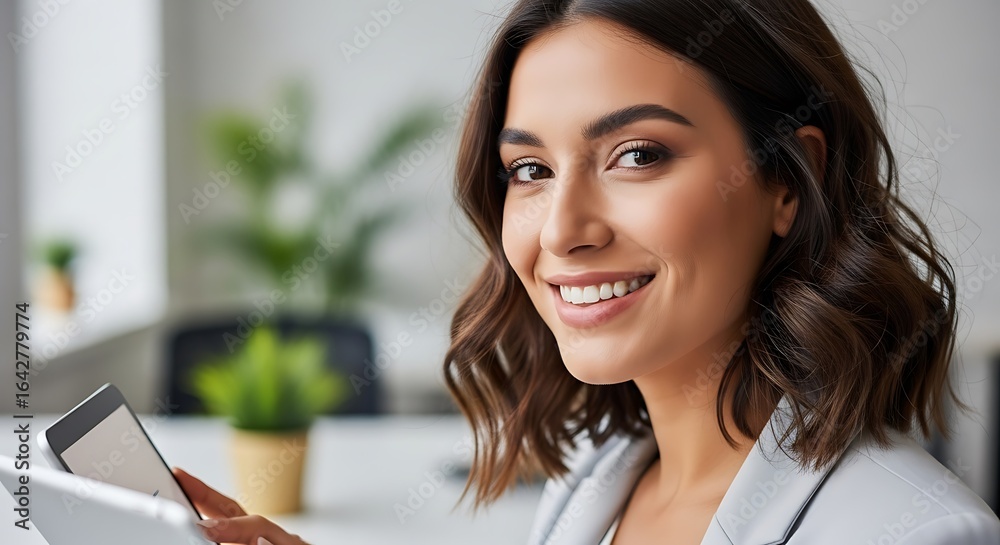 Young businesswoman smiling confidently while holding a smartphone in a modern office environment with plants in the background Young businesswoman smiling confidently while holding a smartphone in a modern office environment with plants in the background