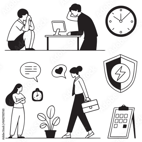 Diverse business professionals depicted in a charming hand drawn sketch style illustrating various work scenarios and emotions silhouette