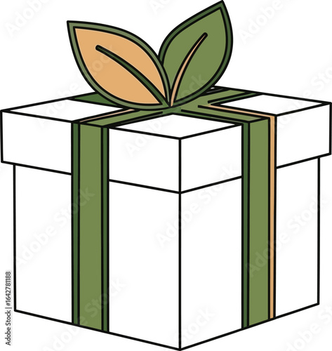 White gift box with green ribbon and leaves, isolated on white background