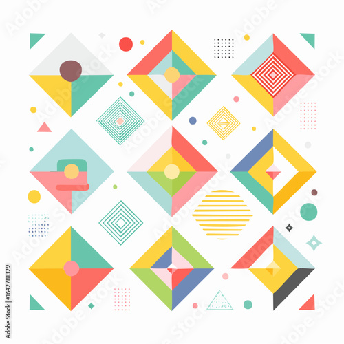 A collection of different colored squares including one that has a triangle on it
2