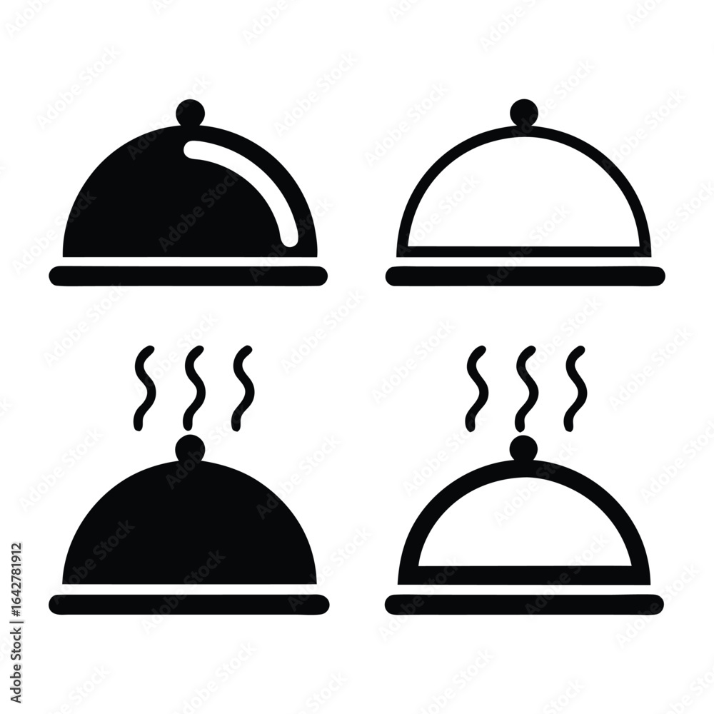 Fototapeta premium Restaurant cloche vector icon set. Black illustration isolated on white background.