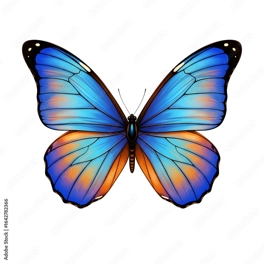 Fototapeta premium Vibrant blue and orange butterfly with delicate wing patterns takes flight