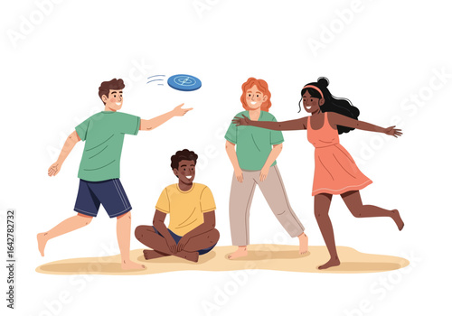 Group of four friends playing frisbee on beach. Suitable for vacationrelated designs, summer activities, friendship, outdoor recreation concepts.