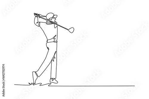 Continuous one line drawing side view male golfer at the top of his backswing. Sportsman focused motion before hitting powerful shot on green field. Single line draw design vector graphic illustration