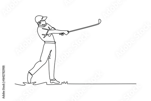 Continuous one line drawing male golfer finishing his powerful swing with elegant follow through, depicting athletic motion, grace, and satisfaction of hitting perfect shot. Design vector illustration