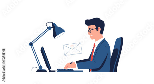 Man Typing on Laptop Sending Email with Desk Lamp and Computer Isolated on White Background