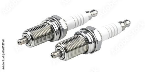 Two shiny metal spark plugs isolated on transparent background