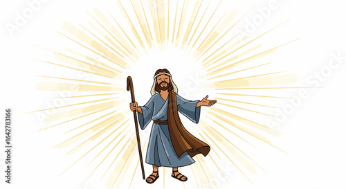 Biblical Prophet Moses Holding Staff With Divine Light Emanating Around Him Isolated on White