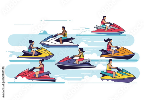 Seven people ride colorful jet skis across patterned blue water waves. Suitable for travel brochures, adventure blogs, and sports advertisements.